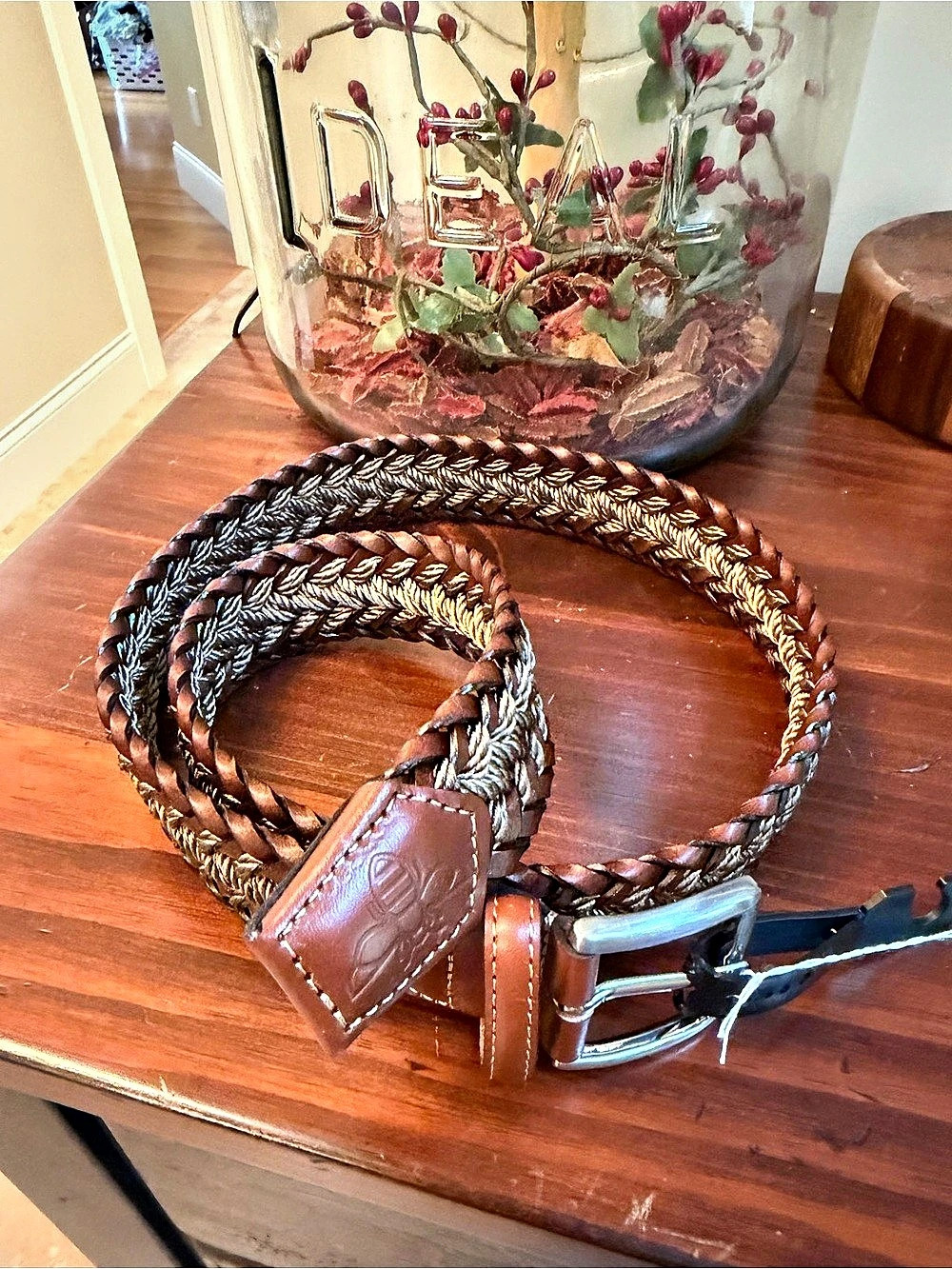 HIVE & COLONY men’s Chestnut Eagle Woven Leather Belt